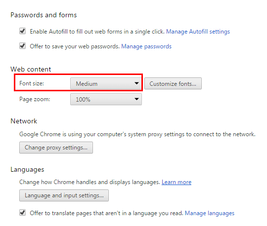 Cambiar tamaño fuente Chrome