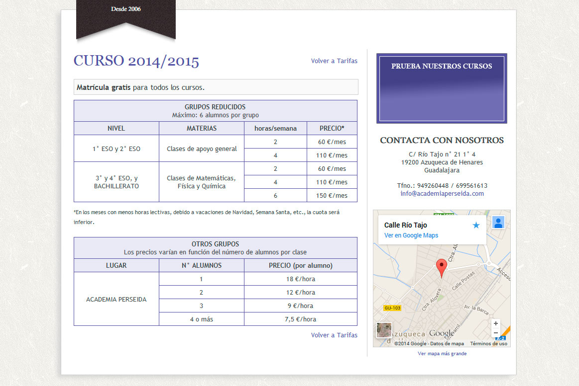 Academia Perseida - Tarifas